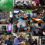 Photo mozaic of people trying out the Inclusive Tech Lab features, wall murals and technology