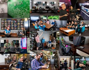 Photo mozaic of people trying out the Inclusive Tech Lab features, wall murals and technology